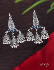 Silver Plated Enamel Artwork Triple Jhumki Earring - PT100386