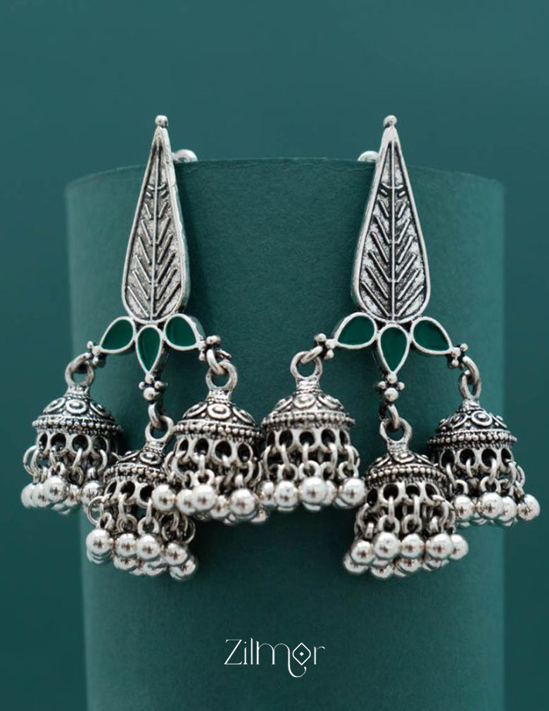 Silver Plated Enamel Artwork Triple Jhumki Earring - PT100386