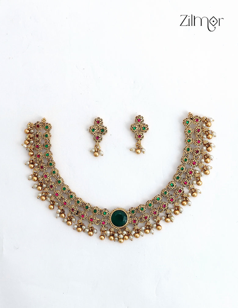 South Indian Antique Choker Necklace Set with Matching Earrings - NV1012701