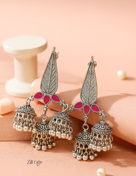 Silver Plated Enamel Artwork Triple Jhumki Earring - PT100386