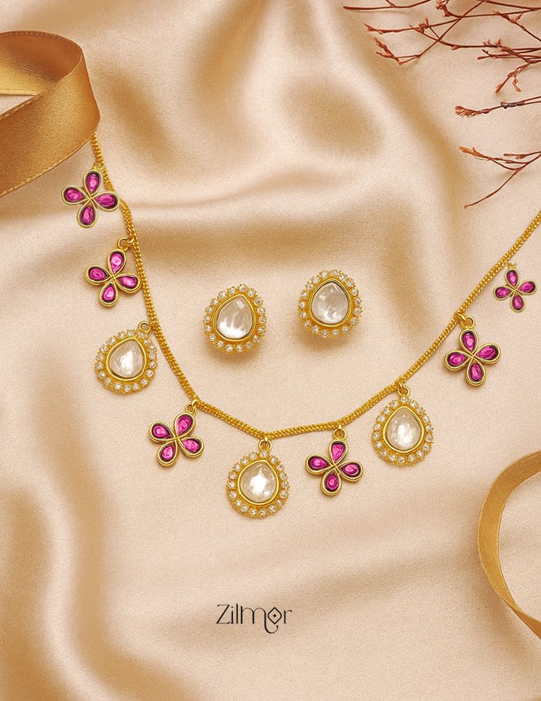 KH1011821 - Moissanite Polki Stone  Necklace with Earrings 1-Zilmor