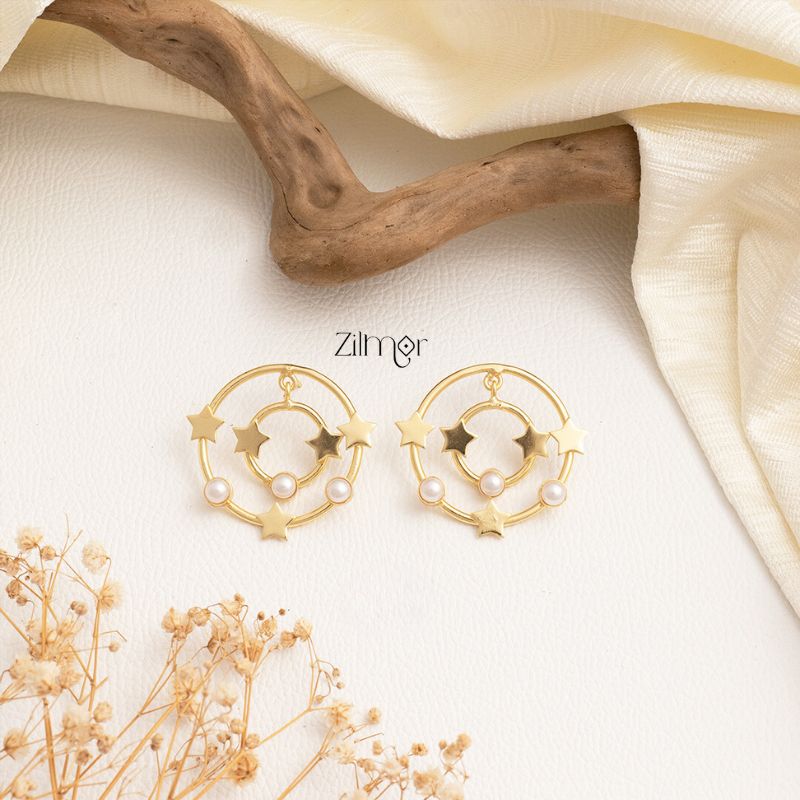 Gold Circle shaped Stars With Pearl Earrings - AS100711