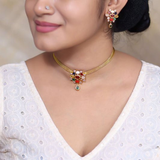 SN101628 - Traditional Navarathna Stones Necklace Earring Set
