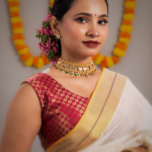 AG101892 - Gold tone Lakshmi coin with Palakka Bridal Choker Necklace