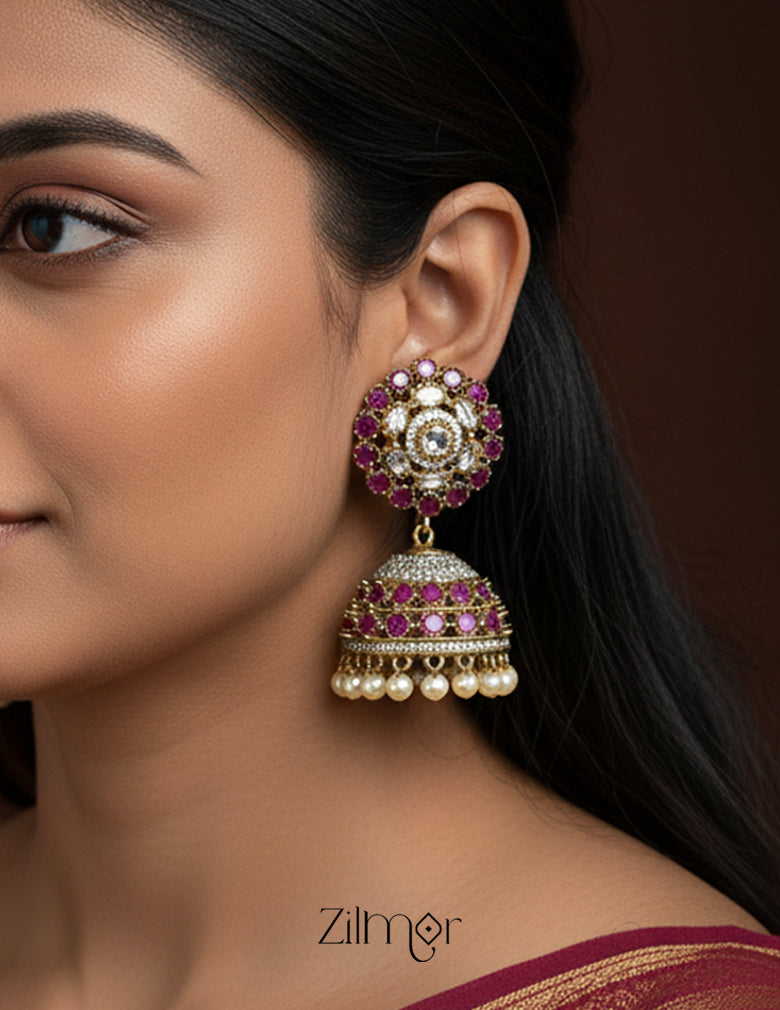 BH1012030- Antique AD Stone Pearl Hanging Jumkha Earrings