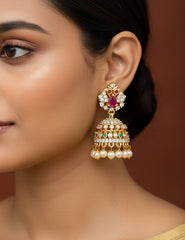 BH1012031- AD Stone Pearl Hanging Jumkha Earrings