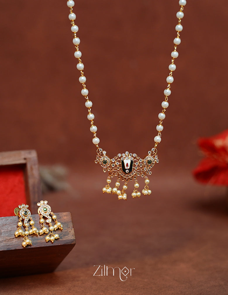 SN1011791 - AD Stone Shanku Chakra Perumal Pendant With  Long Pearl Necklace Earrings Set