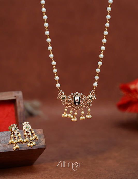 SN1011791 - AD Stone Shanku Chakra Perumal Pendant With  Long Pearl Necklace Earrings Set