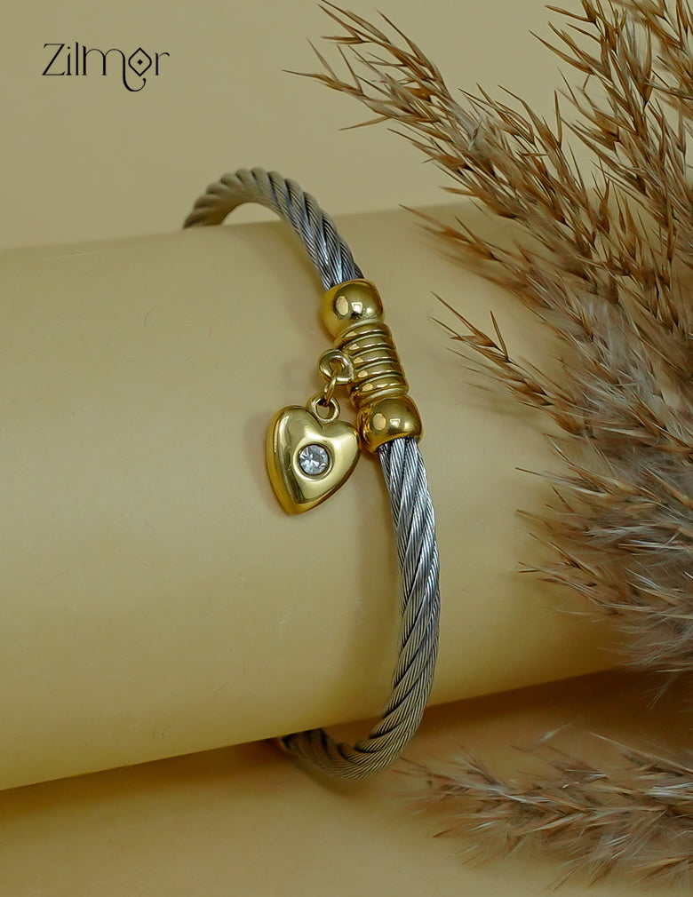 Modern heart design adjustable CZ twisted wire bracelet with anti-tarnish finish