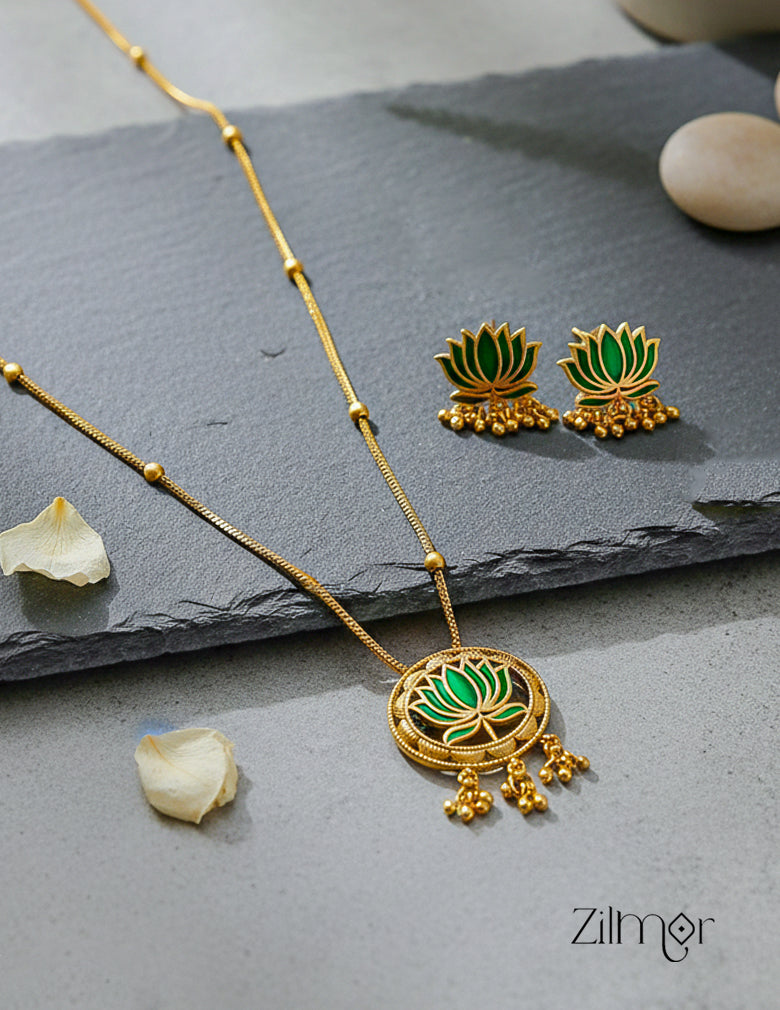 Antique lotus pendant necklace and matching earrings set in gold tone