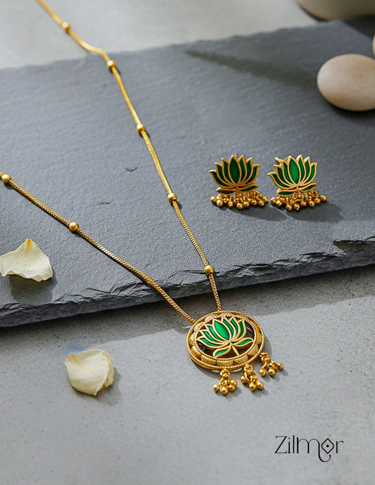 Antique lotus pendant necklace and matching earrings set in gold tone