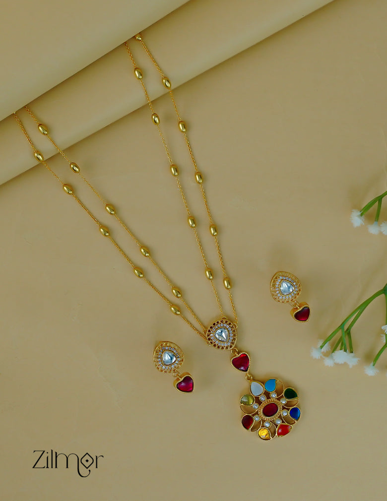 Designer Navaratna Polki Pendant Necklace – Double Layer Long Gold Plated