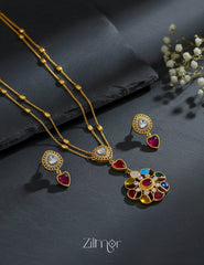 Double Layer Long Necklace with Navaratna Polki Stone Pendant – Elegant Jewelry