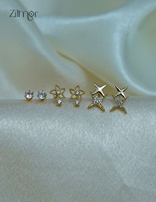 Classic Gold Tone Combo Stud Earrings – Elegant AD Stone Design