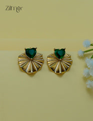 Modern golden heart stud earrings with emerald stone and anti-tarnish finish