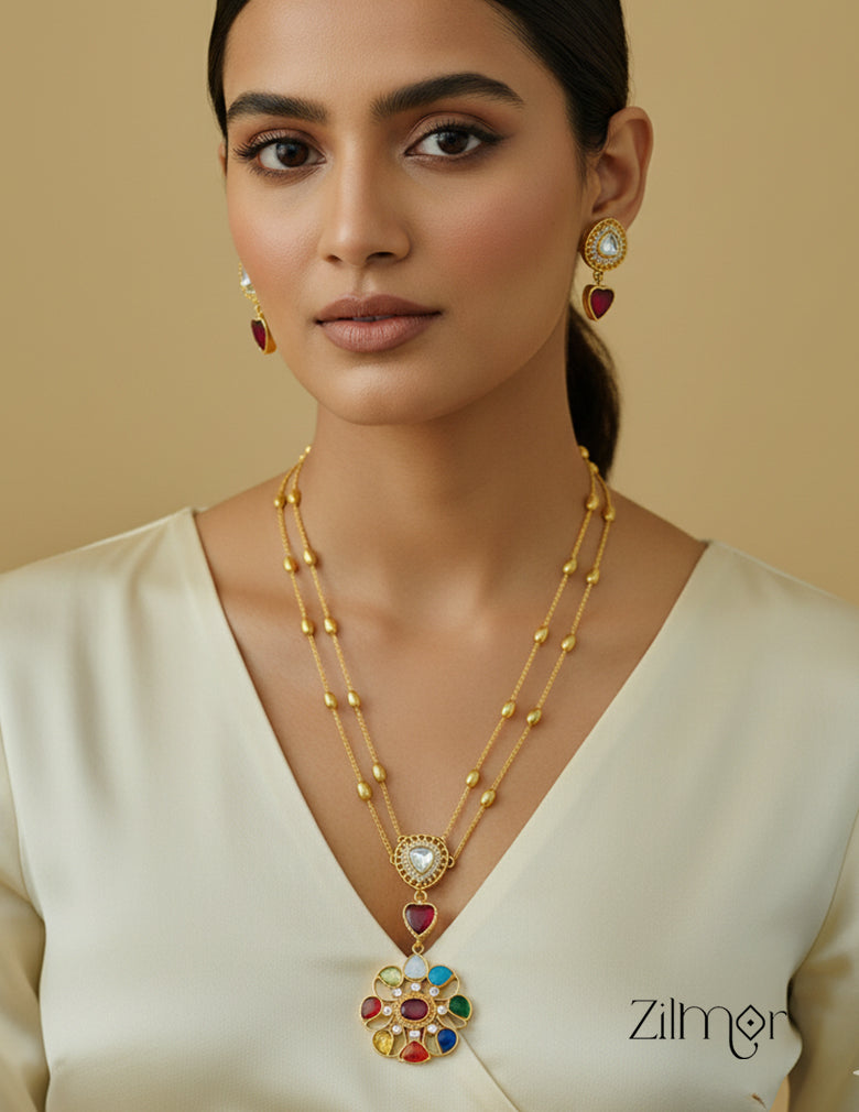 Elegant Navaratna Polki Stone Long Necklace – Double Layer Design