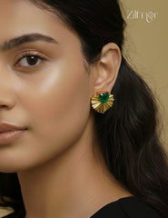 Golden heart shaped stud earrings with emerald green stone and anti-tarnish coating, elegant fashion jewelry for women