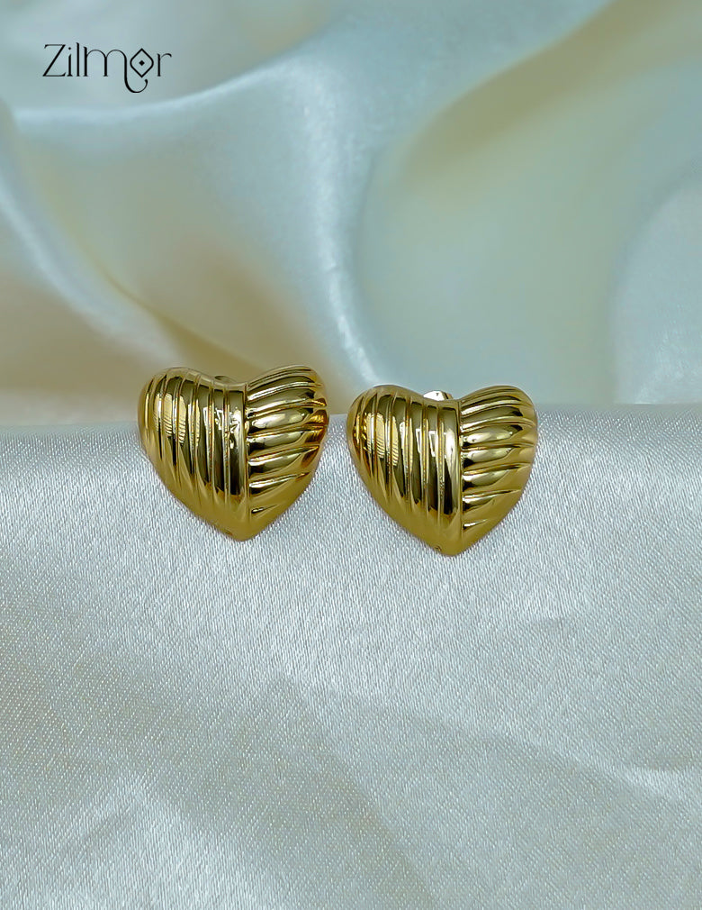A pair of trendy contemporary golden heart-shaped stud earrings with a shiny anti-tarnish finish