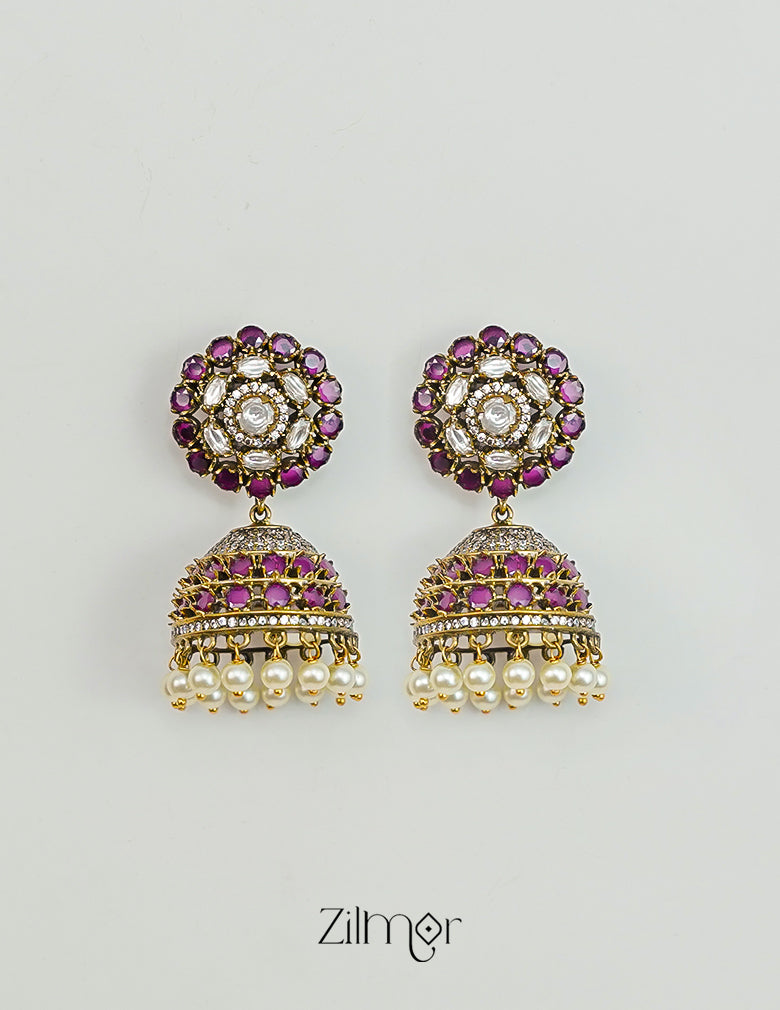 Antique finish AD stone pearl hanging jhumka earrings temple jewelry design