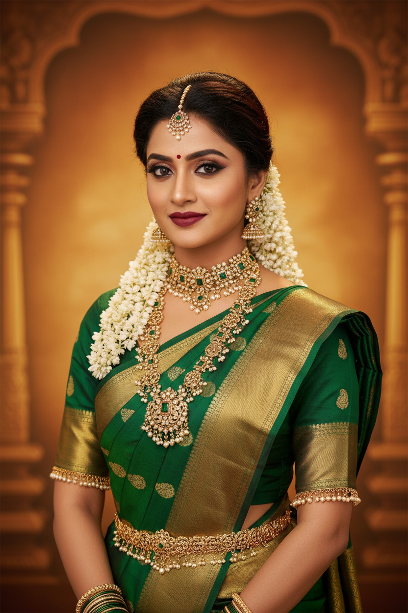 South Indian actress inspired bridal look with Zilmor 18K Gold Plated Emerald Green Choker Necklace Set