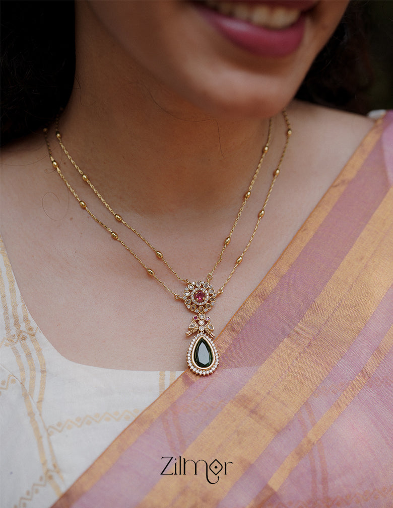 SN101509 - Premium Antique AD Stone Double Layer Long Necklace with Earrings 2-Zilmor