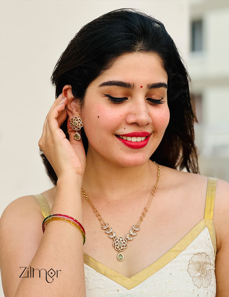 SN1011329 - Premium Antique AD Stone Double Layer Necklace with Earrings 2-Zilmor