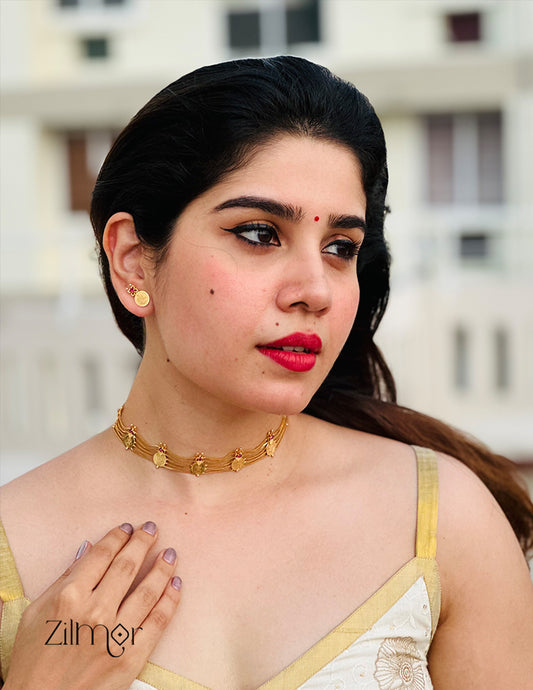 AG101758 - Gold tone Kashu Lakshmi choker Necklace with matching Earring 4-Zilmor