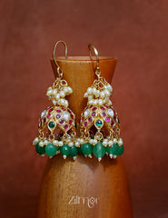 Pearl and kemp stone hoop jhumka earrings temple jewelry design