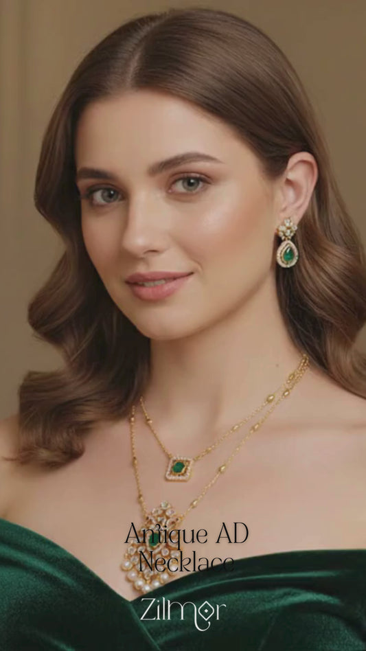 KY1011842 - Antique AD Stone &Lotus Layer Necklace with Earrings Combo