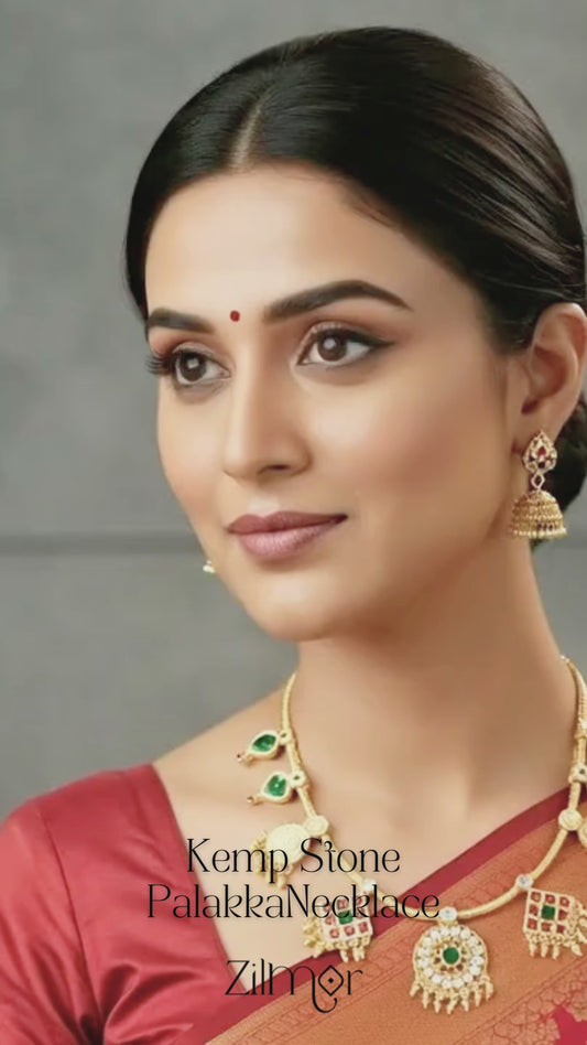 PP1011749- Kemp Stone Kaashu Coin & Palakka Traditional Necklace(Arya Maala)