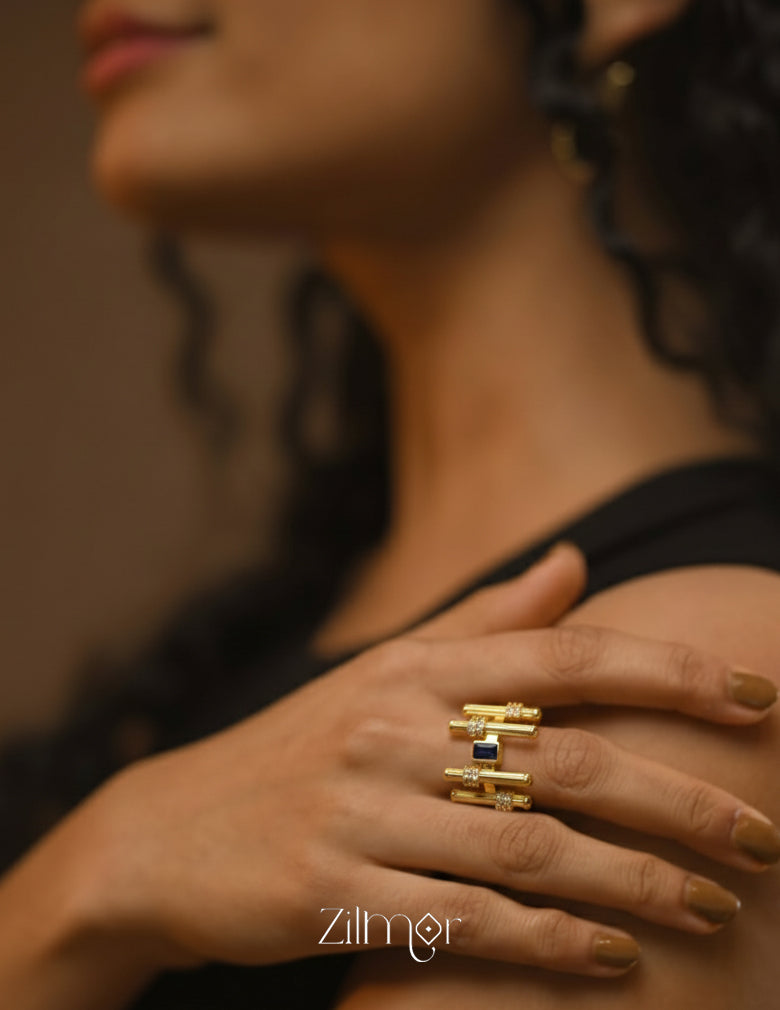 ZC1012040- Sapphire Stone Stack Ring – Adjustable, Anti-Tarnish Stainless Steel, Gold Finish