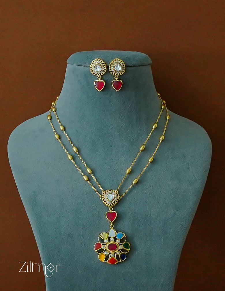 Premium Double Layer Long Necklace – Gold Plated with Navaratna Polki Pendant