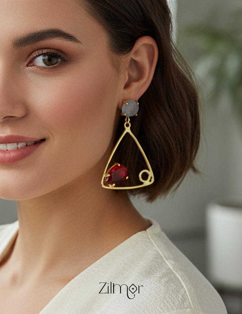 Modern minimal triangle earrings with multicolor stone drops