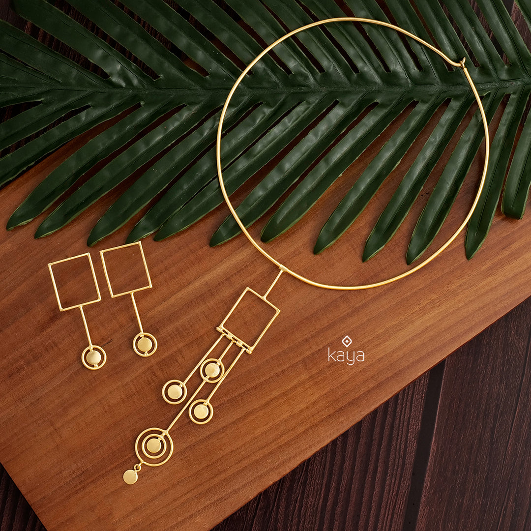 Golden Geometric Cuff Necklace with matching Earrings - KC100697